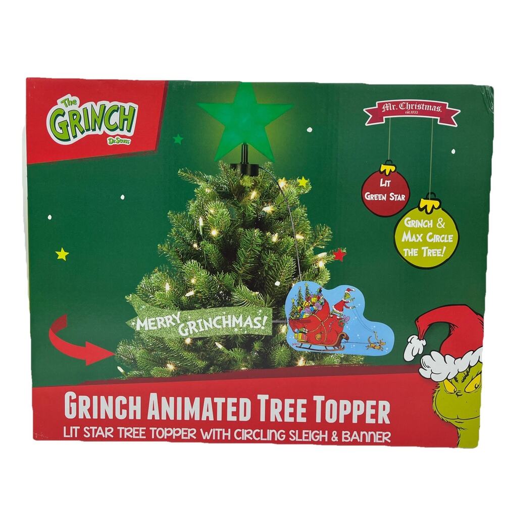 Grinch Animated Tree Topper 2025 LED Sleigh & Banner Mr Christmas Dr Seuss New